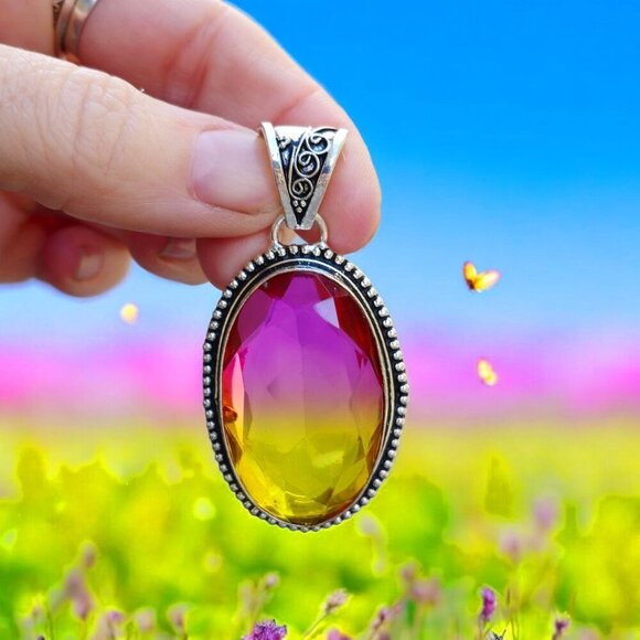 Bi-Color Tourmaline ✦ Sterling Silver Pendant ✦ Victorian Oval Pink & Yellow NWT - Picture 5 of 15
